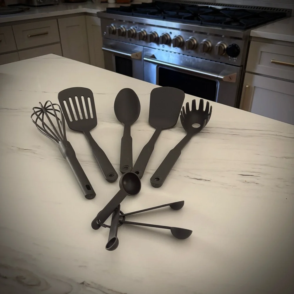 NEW 6 Piece Plastic Gray Kitchen Tools Utensil Set Measuring Spoon Spatula Whisk